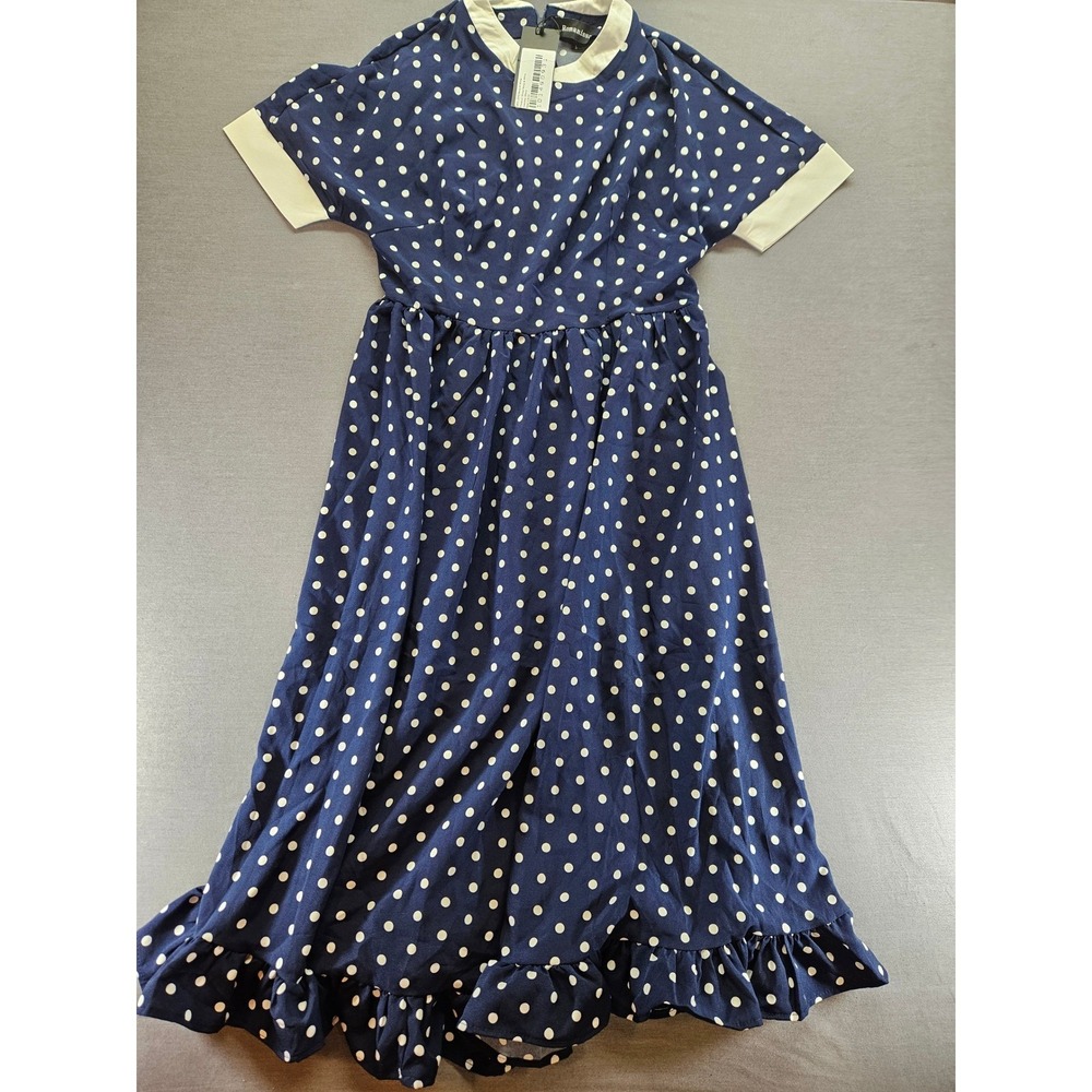 Romanissa Navy Blue Polka Dot Midi Dress White Collar Ruffle Hem Size L 2312